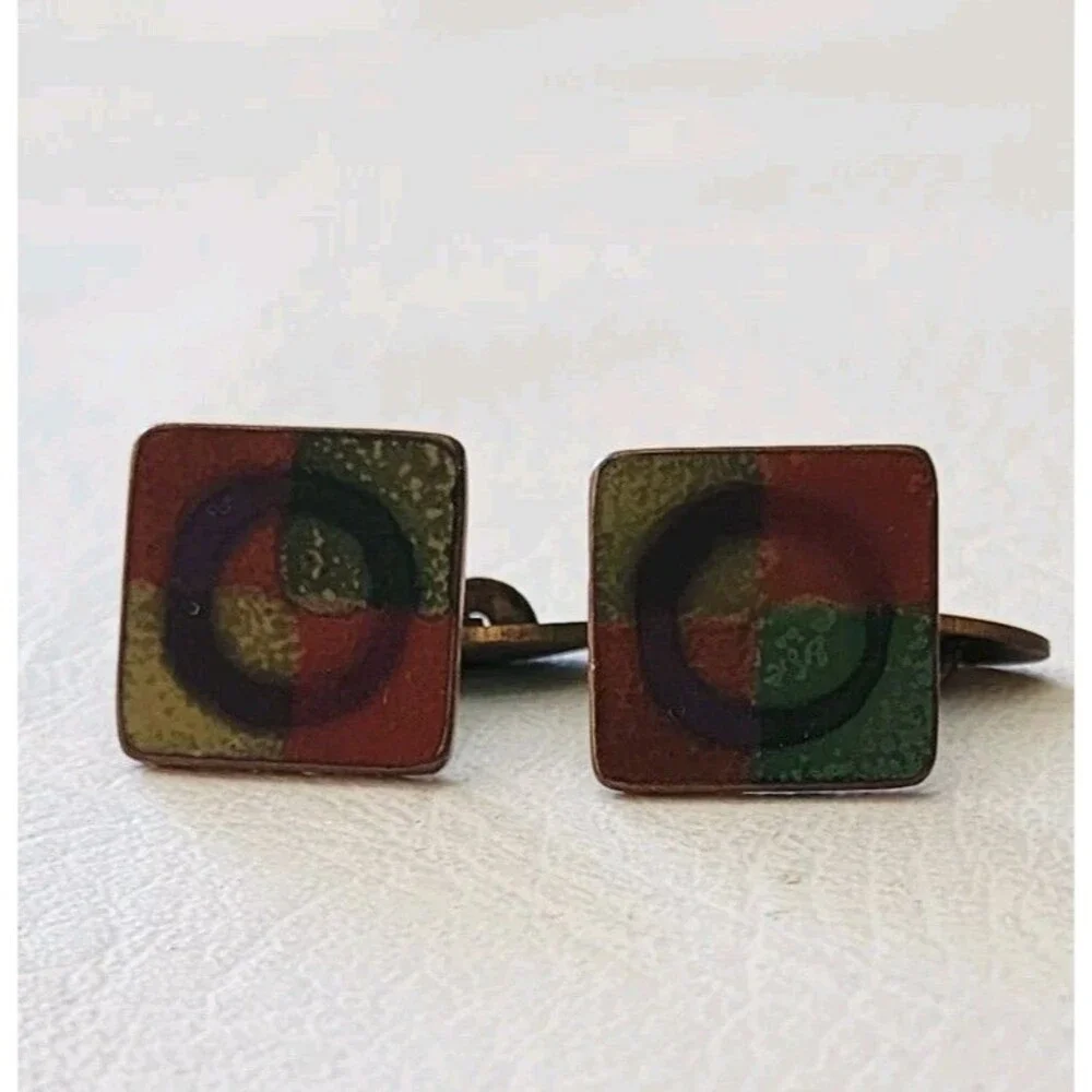 MCM Cufflinks Enamel Copper Artisan Modernist Abstract Green .75